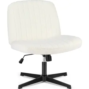 Armless Home Office Desk Chair with Teddy Fabric, Cute Fluffy Swivel Vanity Chair with U-Shaped Cushion and Adjustable Height, Cross-Legged Wide Seat Computer Chair with Rocking Mode and 300 LBS Capacity for Bedroom Living Room