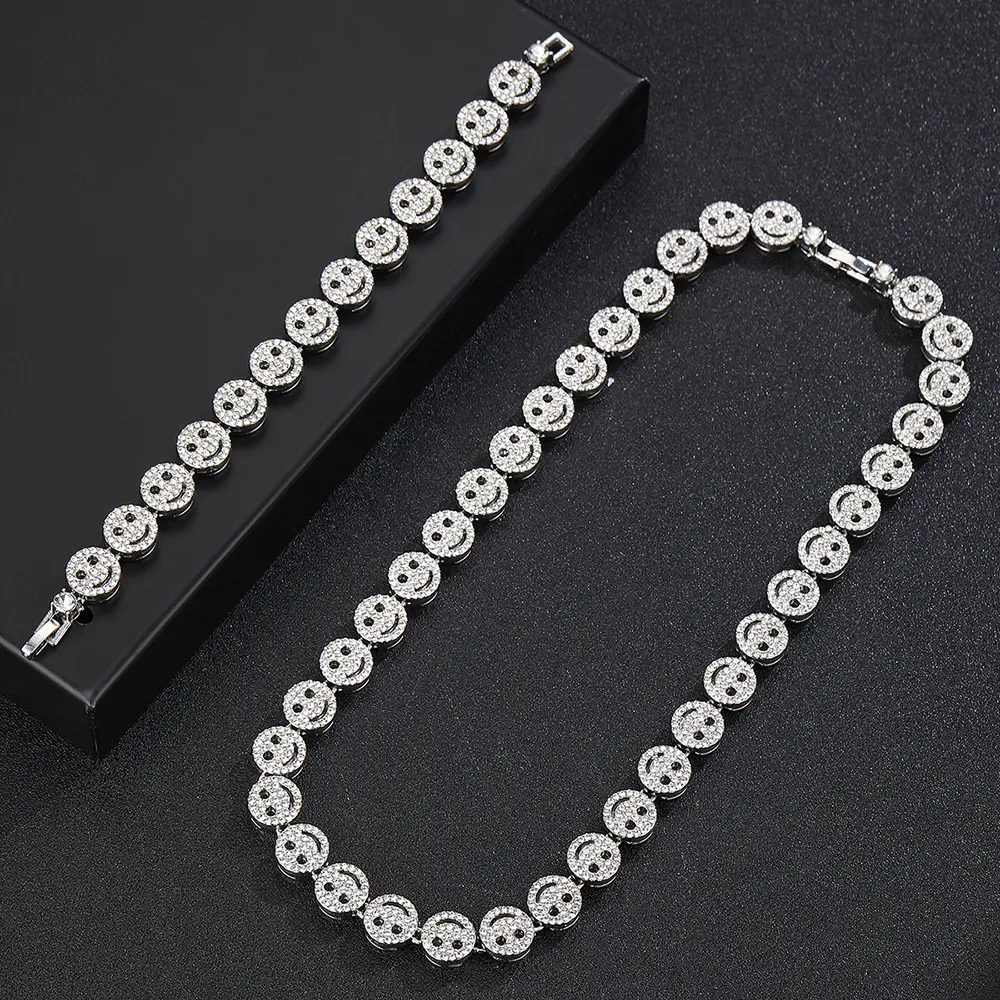 Fashion Hip-hop Smiley Face Cuban Chain with 8-inch Bracelet Set, Exquisite Couple Necklace Set, Thanksgiving Christmas Mother's Day New Year Gift Fashionable Jewelry Set Zirconia Jewelry Set Trendy Versatile Zinc Alloy