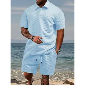 YYK brand Men's Solid Polo Shirt & Drawstring Waist Shorts Set, Cozy Breathable Two-piece Outfits for Daily Outdoor Wear, Men Clothes for Summer.It is recommended to buy one size larger.