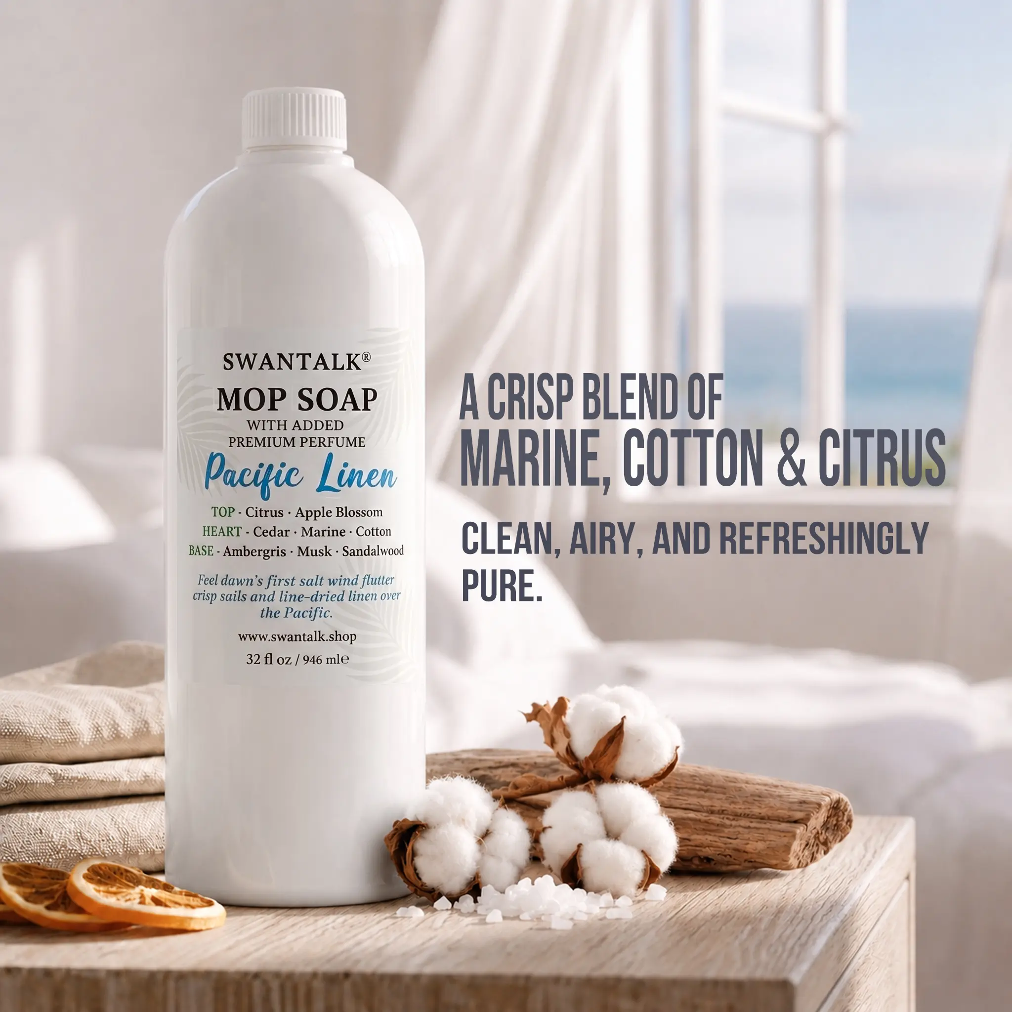 SWANTALK Mop Soap Pacific Linen – 32oz Highly Scented Concentrated Floor Cleaner for Tile, Laminate, Vinyl & Sealed Hardwood, Pet Friendly