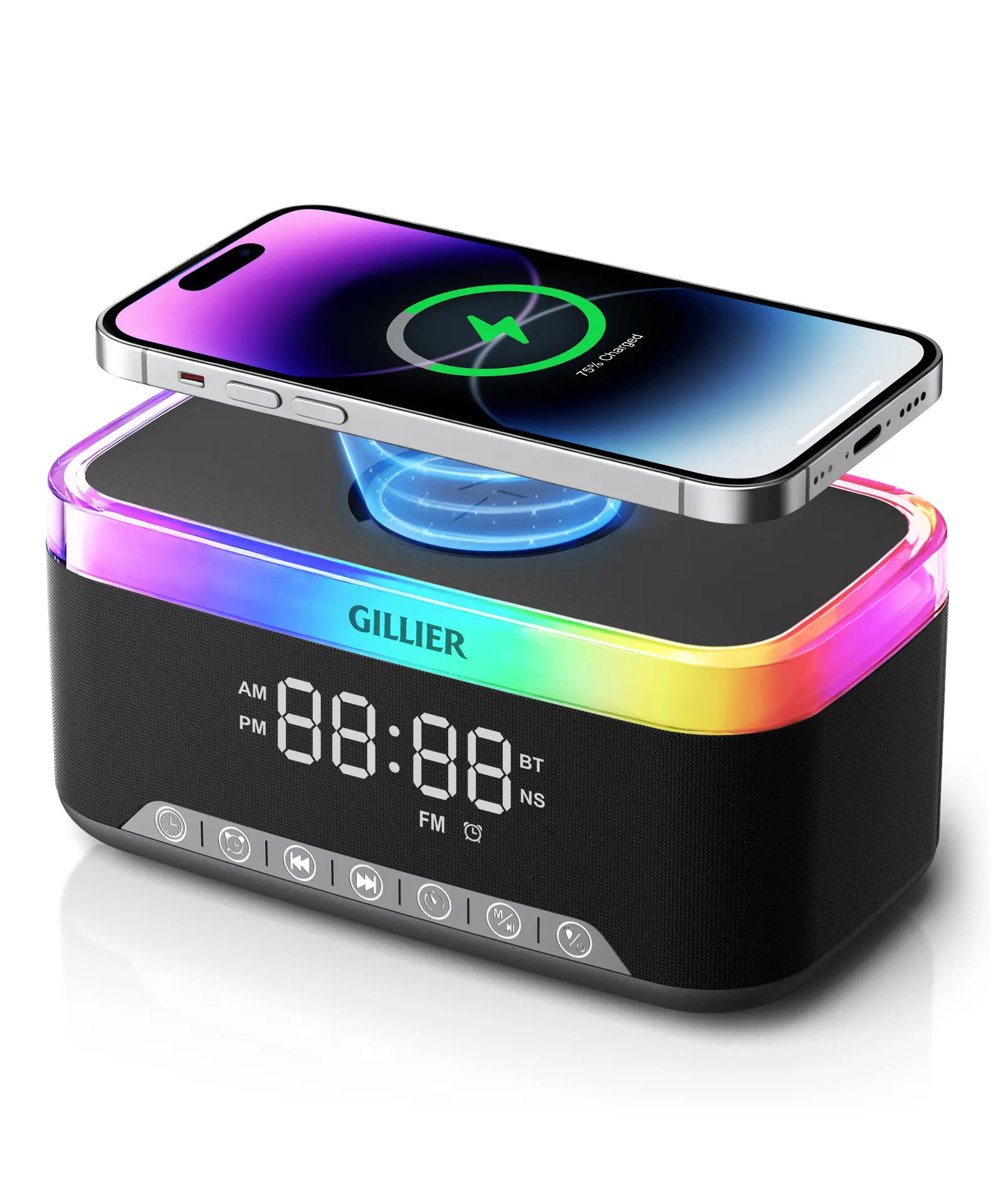 Alarm Clock with Wireless Charging and Sound Machine  15W Fast Charger, 10W Stereo Bluetooth Speaker, FM Radio & 12 Color Night Light  Dimmable Digital Alarm Clocks for Bedrooms Decor