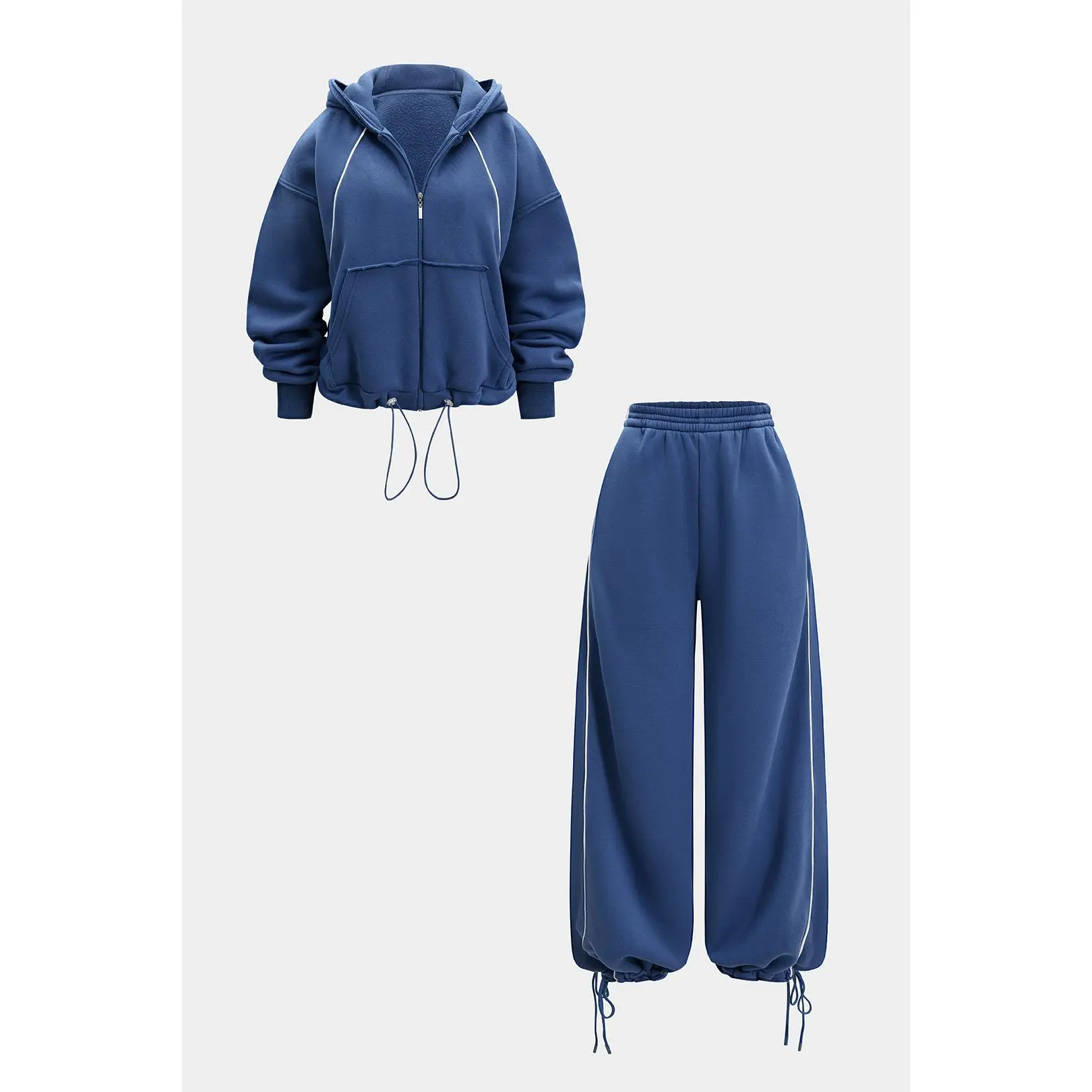 Drawstring Zipper Hoodie And Straight Leg Tie-Up Trousers Set