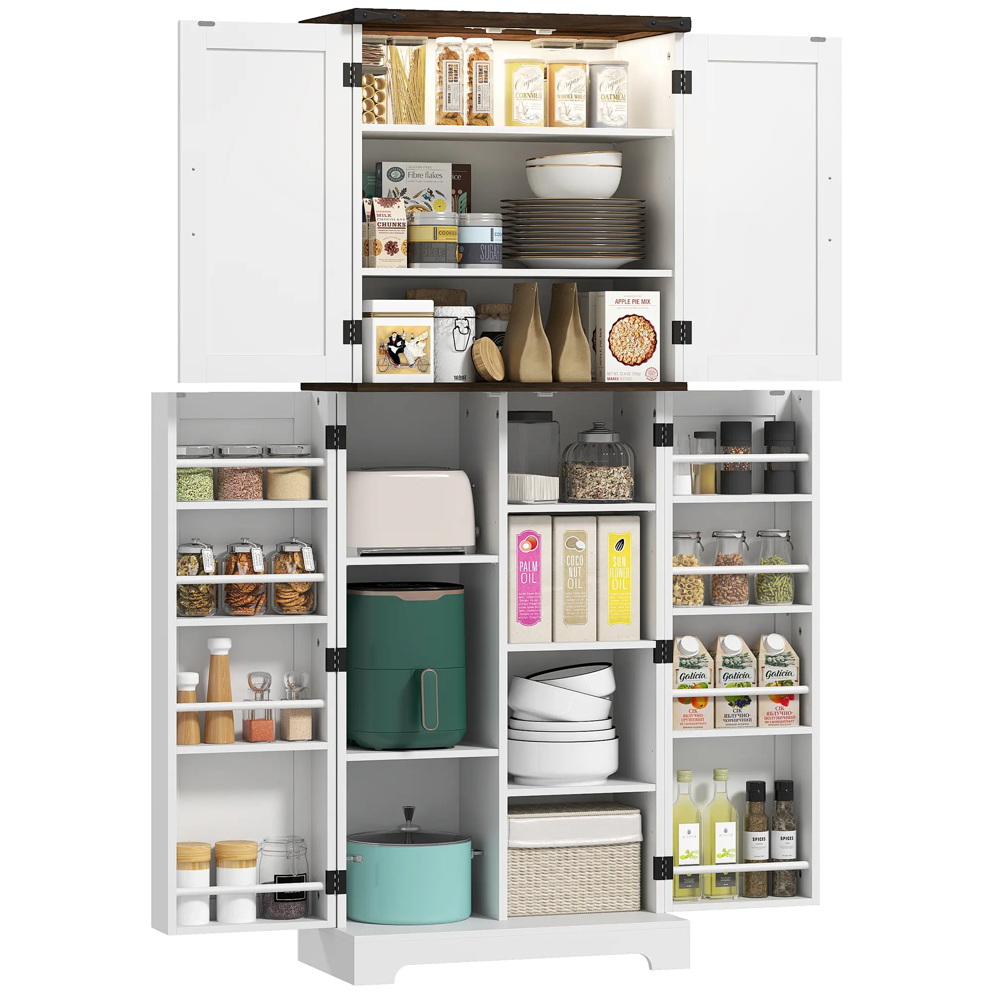 HOMCOM 64" Kitchen Pantry Cabinet with LED Motion Sensor Light, Farmhouse Tall Storage Cabinet with Adjustable Shelves, Cupboard for Living Room, Dining Room, White
