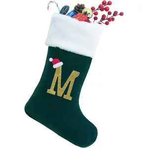 20 Inches Monogram Christmas Stockings with Letters, Large Super Soft Christmas Stockings Blackish Green Velvet with White Super Soft Plush Cuff for Xmas Tree Fireplace Gold Letter M