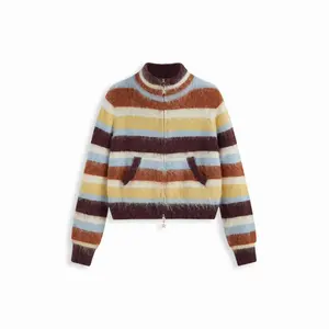 Cider Knit Mohair-blend Stand Collar Striped Zip Through Cardigan