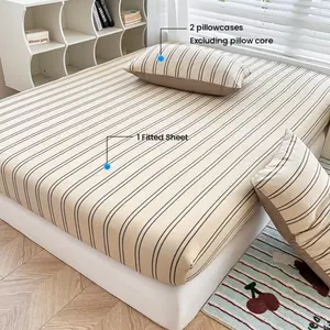 3-Piece Striped Bed Sheet Set, Includes 1 Fitted Sheet & 2 Pillowcases, Soft Skin-Friendly Fabric, Durable Design, Easy Care, Soft Bedding Sheet