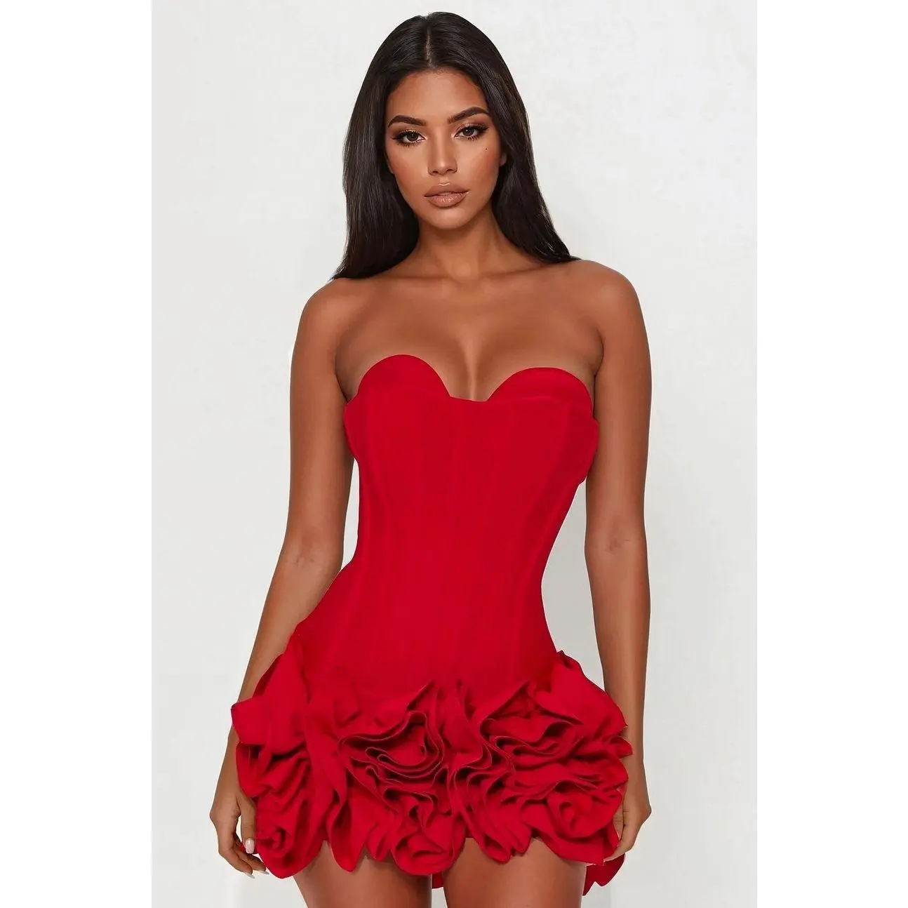 Women's Red Sleeveless Bodycon Stretch Bandage Mini Dress - Heart Shape Neckline, Padded Bust, Ruffle Rosette Trim, Back Zipper, 90% Polyester 10% Spandex Elastane Blend Casual Dress, Slim-Fitting, Sweetheart Neck