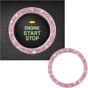 Crystal Double Rhinestone Car Engine Start Decoration Ring, Sparkling Push Start Button Sticker, Key Ignition & Knob Ring Decoration, Bling Car Interior Accessory(Pink)