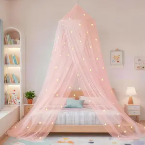 Princess bed canopy for girls — hanging mosquito net canopy for room decor with insect protection, pink stars that glow in the dark for indoor use
