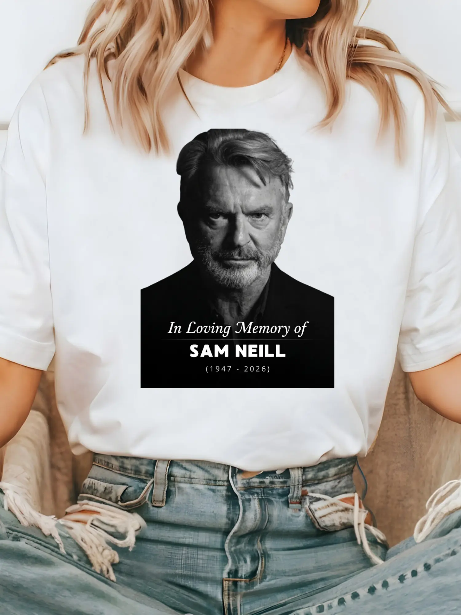 Sam Neill Memorial Shirt, In Loving Memory 1947 2026 T-Shirt, Black White Actor Tribute Graphic Tee, Movie Fan Gift Tshirt Cotton Streetwear