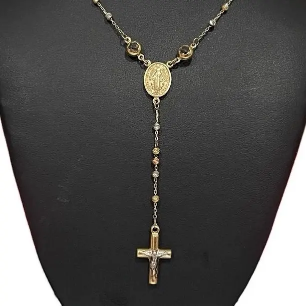14k gold Elegant Rosary Necklace with Gold Cross and Beaded Chain for Religious Jewelry Lovers