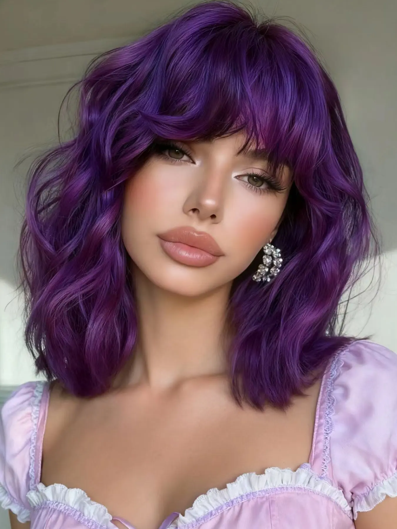 14 Inch Dark Short Wavy Bob Hairstyle Wig with Bangs, Heat Resistant Synthetic Wig, Natural Soft Curly Wig for Women, Daily Party Halloween, Synthetic Soft Wigs