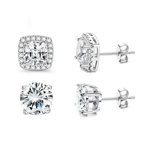 Classic Unisex Cubic Zirconia Stud Earrings for Men & Women, S925 Sterling Silver Round & Princess Cut Square Sparkly Bling Earrings Set, Hypoallergenic Jewelry Gift for Boyfriend Girlfriend