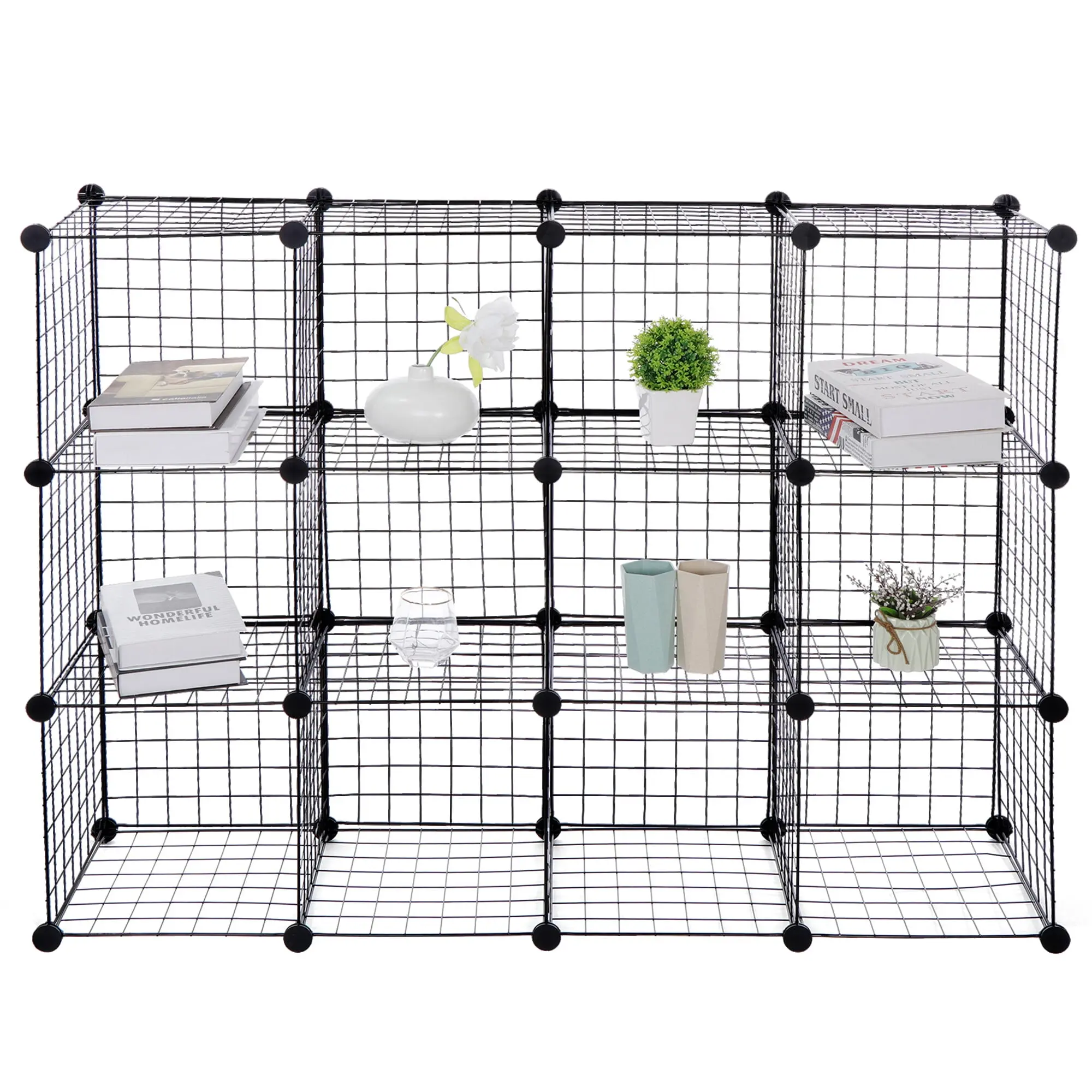 Segawe 12-Cube Wire Netting Grid Storage Rack - Industrial Freestanding Metal Frame DIY Cabinet, Dustproof Stackable Expandable Adjustable Organiser Shelf with Hammer for Room Organization