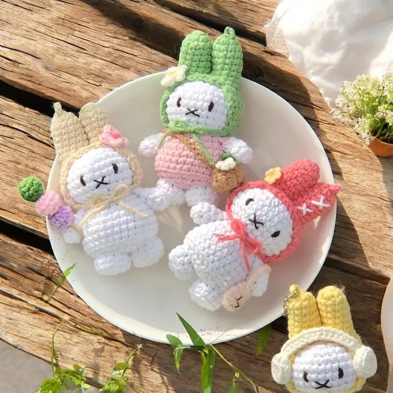 Handmade Crochet Miffy Bunny Keychain Bag Charm with Hat and Accessories, Japan Gift Rabbit Bunny, Keychain Crochet
