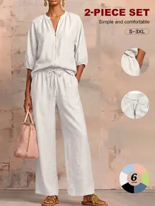 2026 Women's Summer Travel 2 Piece Set, Lightweight Zip Blouse, Wide Leg Loungewear Pants with Pockets, Comfortable and Stylish