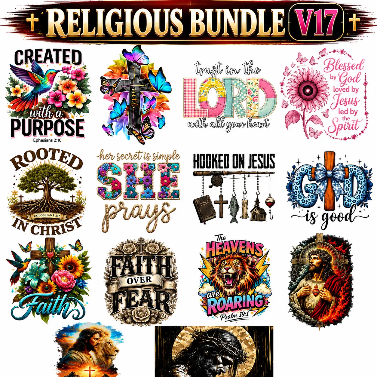 Religious Bundle V17 Ready-to-Press DTF & Sublimation Transfers | Christian Faith Designs | 20x5 Ft Gang Sheet | 14 Premium Designs