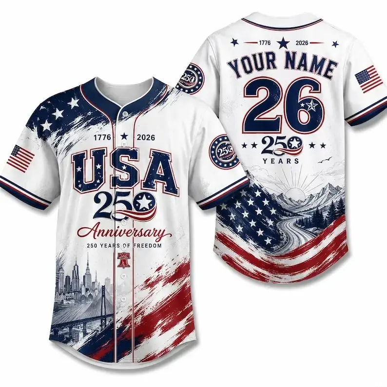 Personalized America 2026 Baseball Jersey Custom USA 250th Anniversary Patriotic Button Up Shirt Unisex Tee