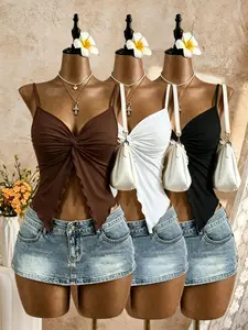 Y2K Distorted Front Vest, 3-Piece Ruched V-Neck Hem Short Top, Party & Nightclub Sexy Strapless Shirt, Casual Slim-Fit Solid Pattern