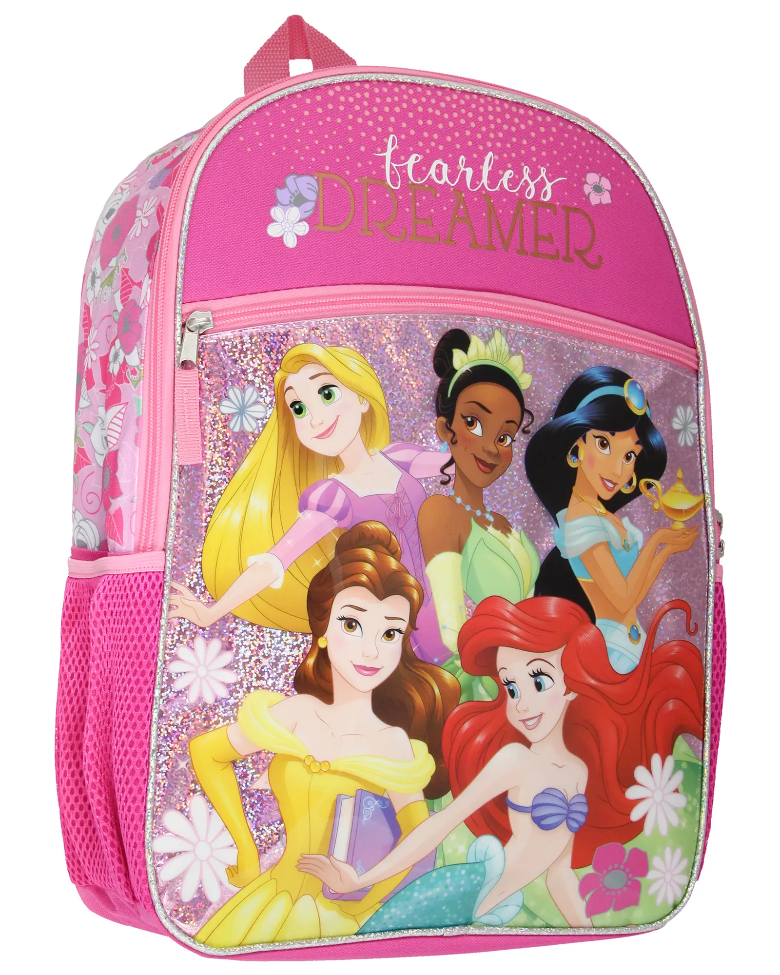 Disney Princess Fearless Dreamer Rapunzel Jasmine Belle Ariel Tiana Pink 16" School Travel Backpack