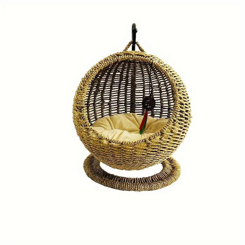 Hand-Woven Sea Grass Cat Hammock - Scratch-Resistant, Semi-Enclosed Round Basket for Cats, Easy Assembly, Pet Cage, Hanging, Rattan Woven