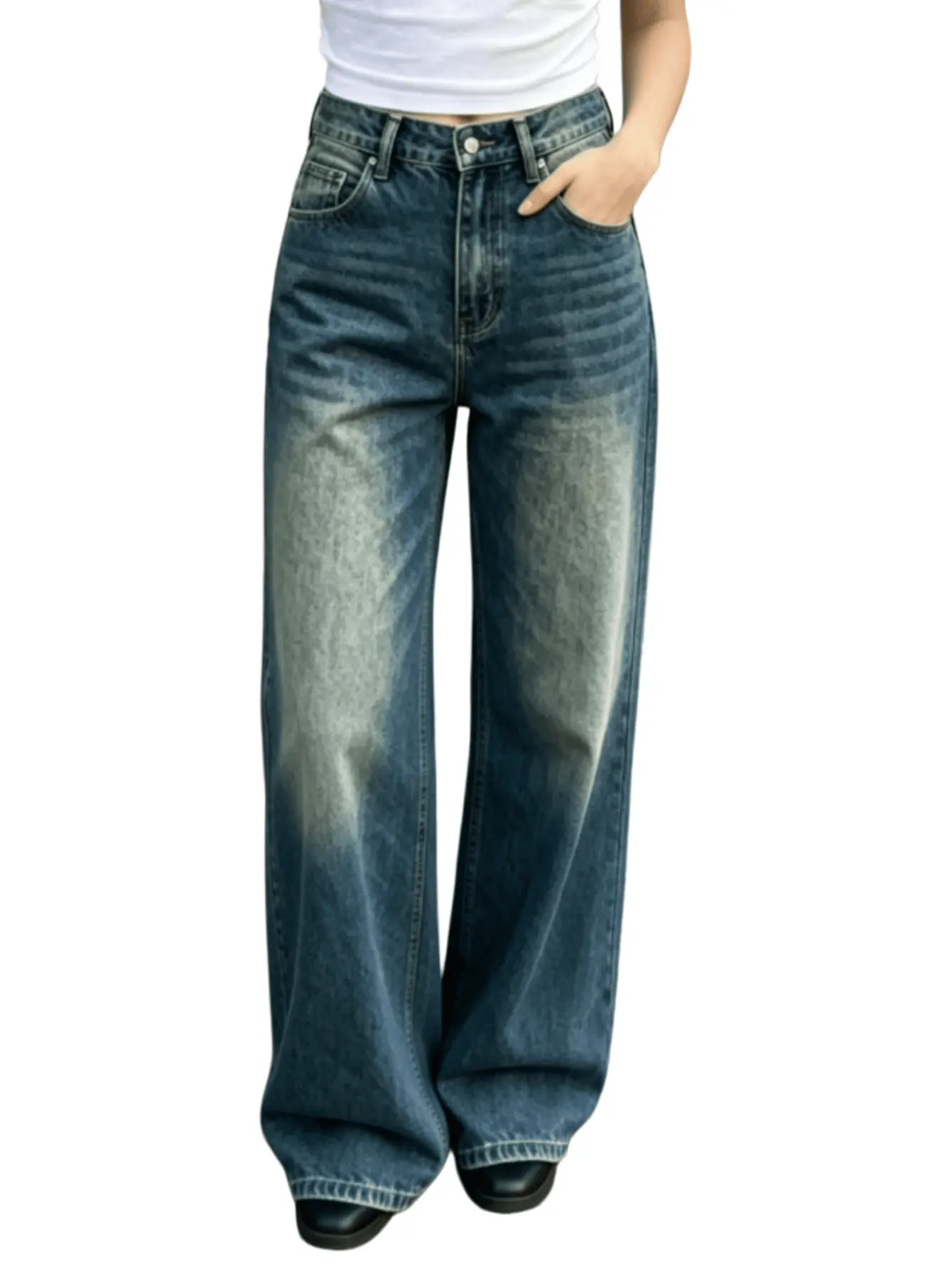 Mid-low Rise Baggy Jeans Wide Leg for Women Distressed Pants Womenswear Bottom Lady Basic Minimalist Comfortable Denim Tummy Control Curve Hugging Regular Size BBL Spring Fashion Daily Outfits WH44