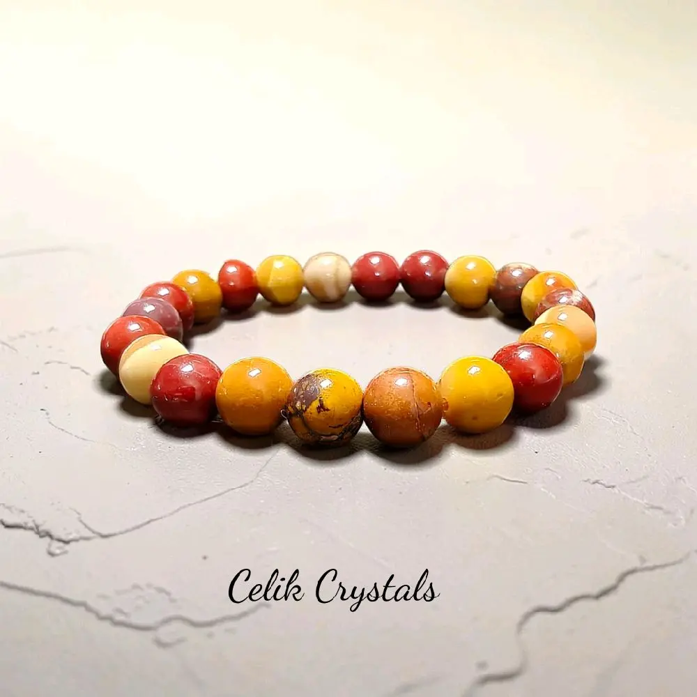 Unisex 8mm Mookaite Natural Jasper Gemstone Bracelet - Stretch Bead Bracelet with Celik Crystals, Adults' Earthy Tones Jewelry, Statement Piece with Healing Properties for Calming Emotions