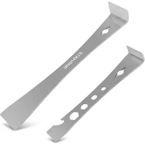 2-Piece Stainless Steel Pry Bar Scraper Set - 9-1/2" Flat Pry Bar and 6-11/16" Mini Crowbar with Socket Wrench, Bottle Opener, Molding, Nail Puller, Scraper and Baseboard Removal Tool