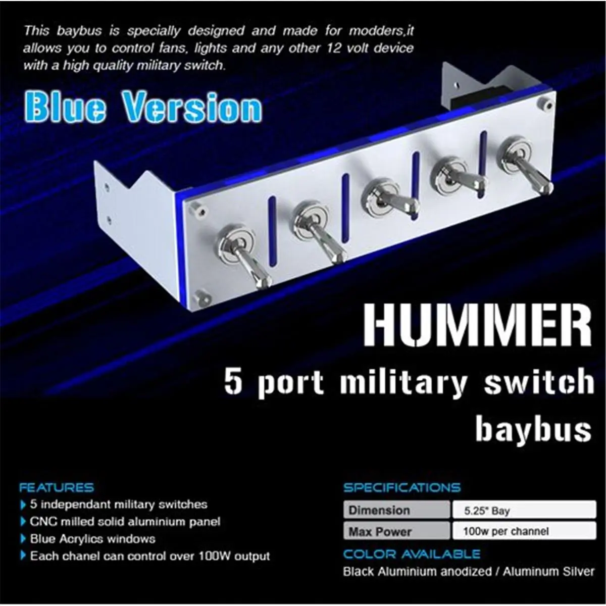 Lamptron 832-100-04 Hummer 5-Channel 12VDC Device Controller - 100W Max Power Per Channel - Silver Bezel With Blue Acrylic Insert, Max Power 100W