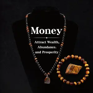 Money Attraction Necklace bracelet set with Tiger Eye Pendant Healing CrystalStone ,Obsidian,Anniversary, Vacation &ThemeParties Jewelry Charms Abundance Crystal bracelet,Long Chain,Sweater chain,Ideal GiftJewelry for Men and Women