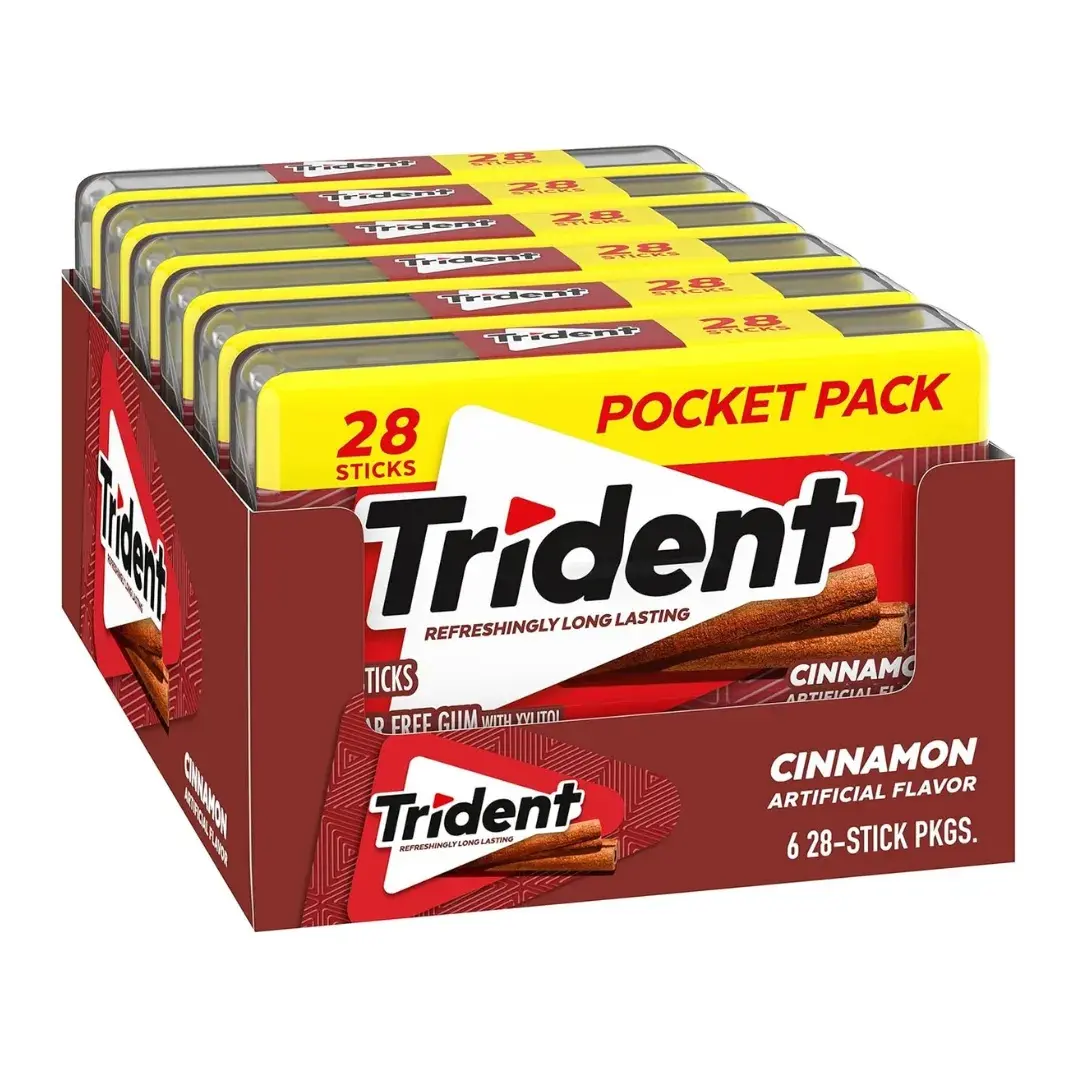 Trident Sugar-Free Cinnamon Flavor Chewing Gum Snack - Xylitol, Sucralose, Mannitol Blend with Gum Base, 6 Pocket Packs (28 Pieces Each, 168 Total Convenient Portions)