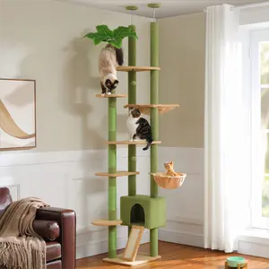 Adjustable height floor standing cat tree with litter box, cat hammock and scratching post for indoor large cats
