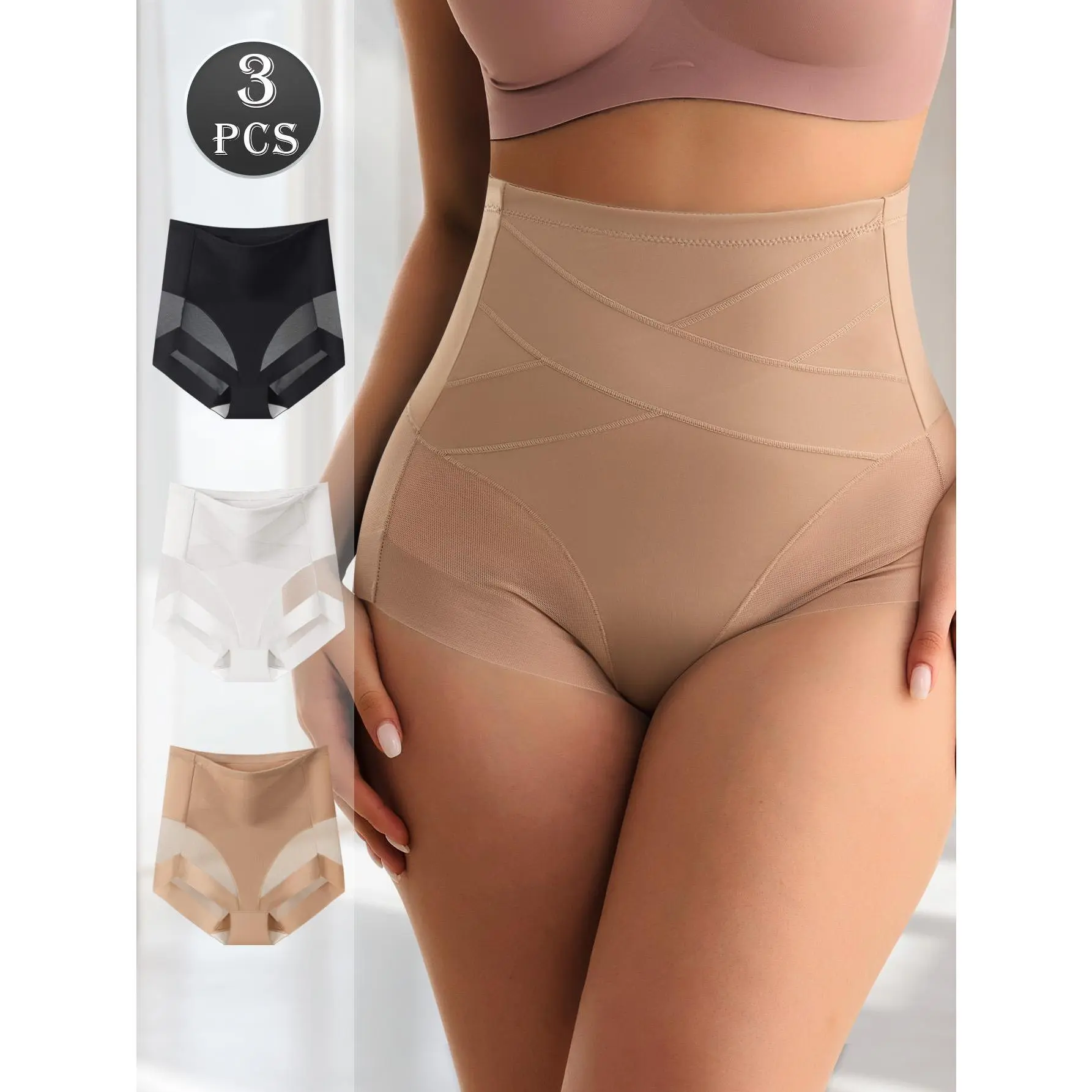 QUASTI Women's 3pcs High-Waisted Cross Panties - 3 Mix Colors, Minimalist Basic Sexy Shapewear, Compression Tummy Control, Elastic Breathable Soft Skin-Friendly Fabric, Full Coverage Butt-Lifting, Perfect Fit, S-XXL