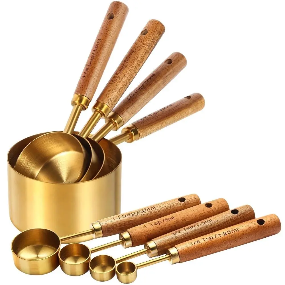 Wooden Handle Cup Set Kitchen Utensils Universal Cup and Spoon Multi functional Dry Liquid Ingredients Kitchen Tools Essential Cooking Utensils Solid Wood Handle Coffee Spoon Cup Festival Display Festival Gifts