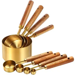 8PCS Golden Stainless Steel Measuring Cup and Spoon Set, Kitchenware with Acacia Wood Handles, Multi-Functional Measuring Utensils for Dry & Liquid Ingredients, Spoons