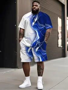 Men's Fashionable T-Shirt Shorts Set, Street Style 3D Short Sleeve Loose Fit Casual Colorful Line Print Suit, Plus Size Comfortable Breathable Outfit, Menswear