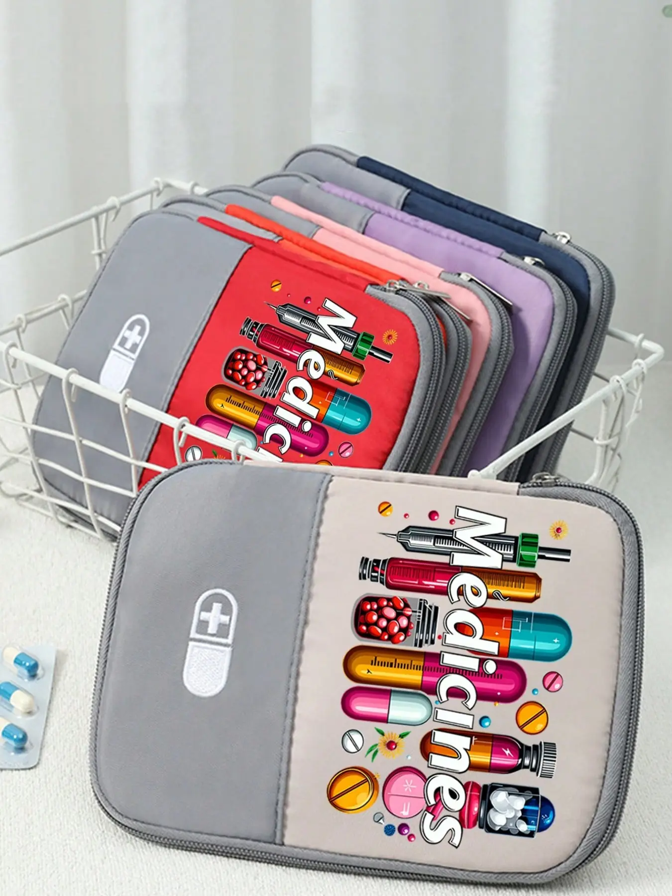 Portable medical kit, printed with 'medicine' and pill patterns, portable camping medicine bag, compact first aid kit, medicine-themed storage pouch, essential medical accessories, Portable emergency kit, Travel friendly kit