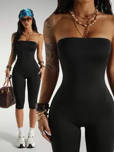 TikTok Strapless Tube Top High-Stretch Seamless Bodycon Knee-Length Jumpsuit, Sleeveless Sports Jumpsuit, Solid Color Slimming Y2K Streetwear Workout Outfit, Black Casual Romper for Women, Loungewear for Daily Casual & Weekend Outings