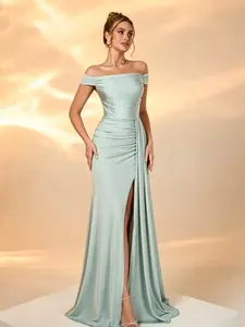Elegant Strapless Satin Glossy Formal Evening Gown, Fitted Design with High Slit, Ruched Waist, Flowy Skirt, Perfect for Weddings, Parties, Balls