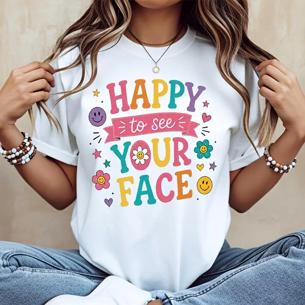 Happy To See Your Face Rainbow Letter Smile Flower Print T-Shirt, Cute Positive Vibes Summer Casual Top, Daily Wear Gift For Friends