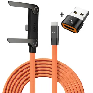 240w Super Fast Charging Data Cable, Dual-In-One Foldable Phone Stand, Compatible with iPhone 15-17 Android, USB-C Braided 360° Rotating Charger Line