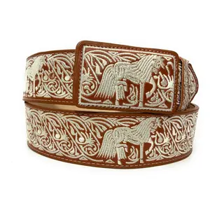 CINTO CHARRO BORDADO. MENS HORSE EMBROIDERED WESTERN BELT. VAQUERO LEATHER BELT