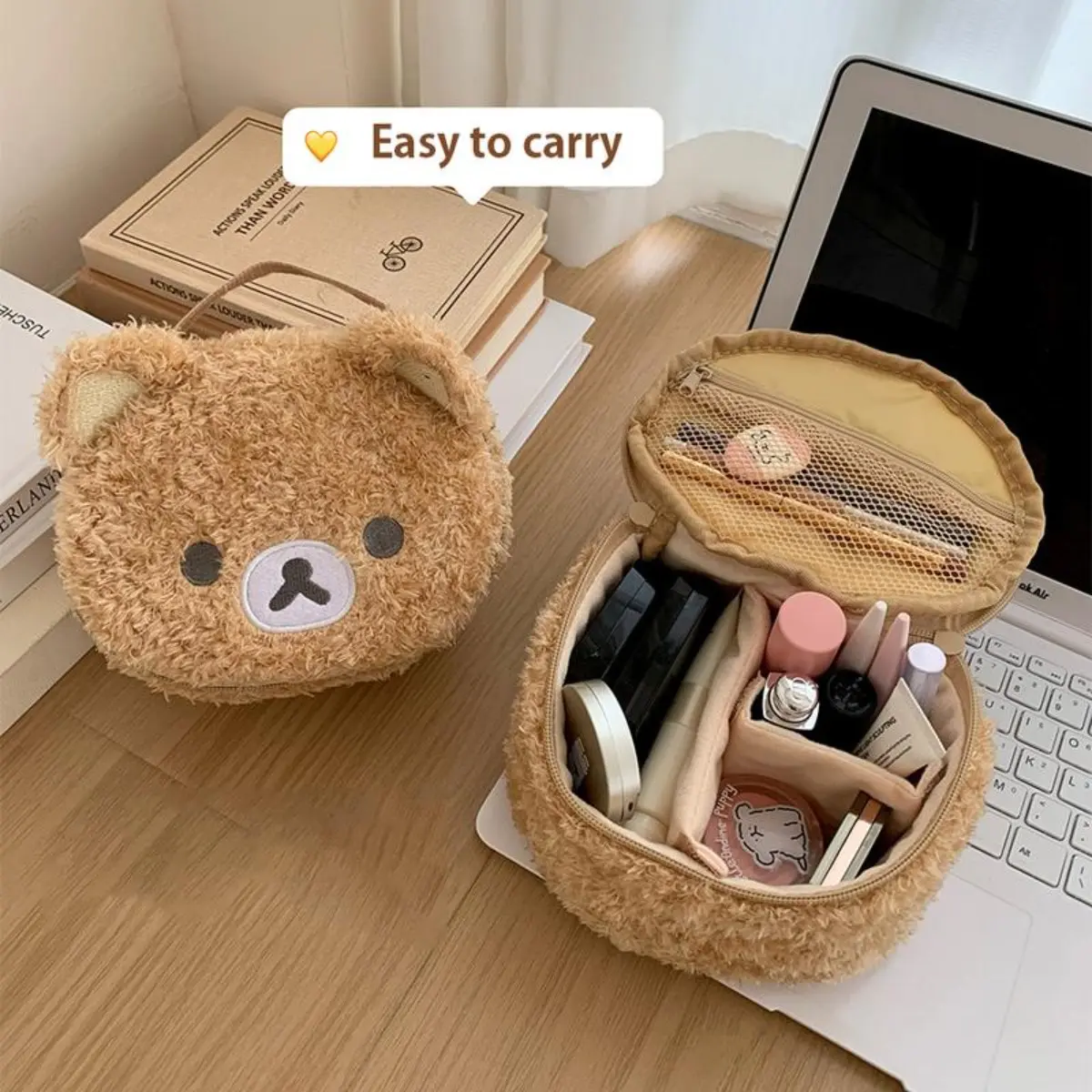Women's Kawaii Aesthetic Plush Animal Makeup Bag - Soft Fabric Zippered Cosmetic Organizer, Portable Travel Jewelry Storage Pouch, Daily Vanity Gift Case