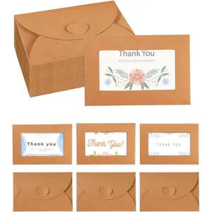 50 count Mini Envelopes with View Window,   Paper Card Holders with Heart Clasp Closure for Wedding, Business Invitations, Greeting Cards, 4.13 * 2.76inch, Brown