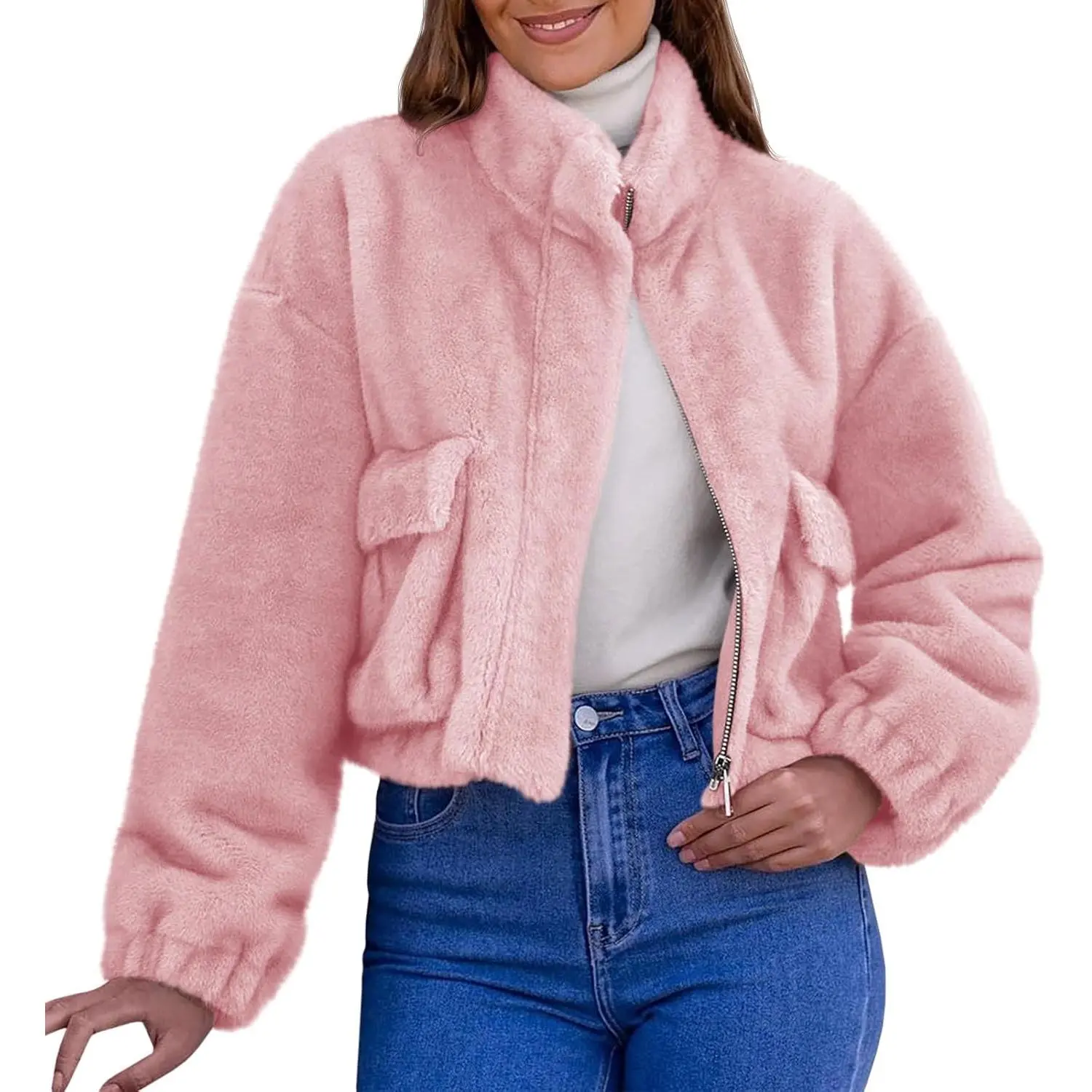 Lannew Womens Cropped Faux Fur Coat Fleece Stand Collar Zip Up Jacket 2025 Winter Warm Outerwear