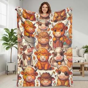 Highland Cow Flannel Blanket - Cute Cartoon Cow Print - Soft, Warm, Comfortable, Lightweight Decor - Perfect for Sofa, Bedroom, Office - Ideal for Picnics, Camping, Gifts