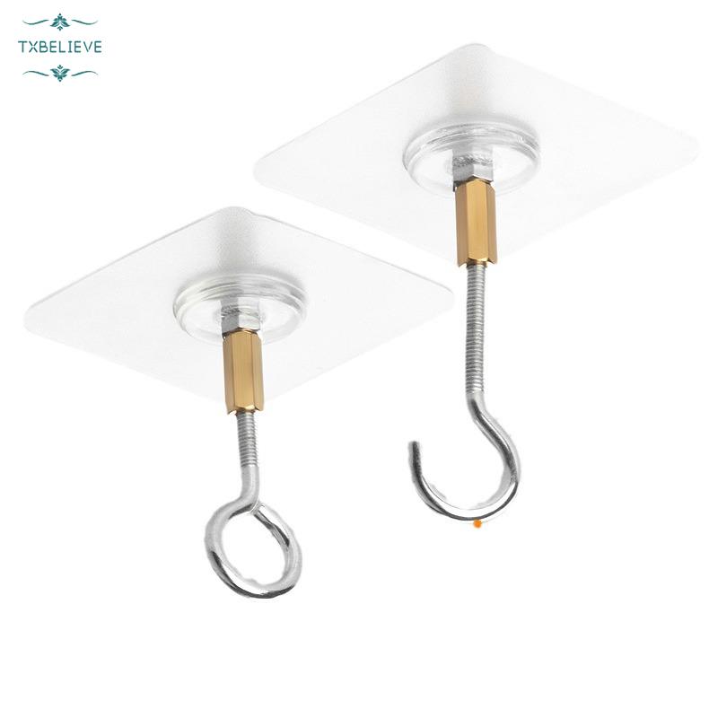2PCS Self Adhesive Metal Ceiling Hooks Wall Mounted No Punching Plants Flower Pots Lanterns Hanging Holder Home Organizer“Transparent”