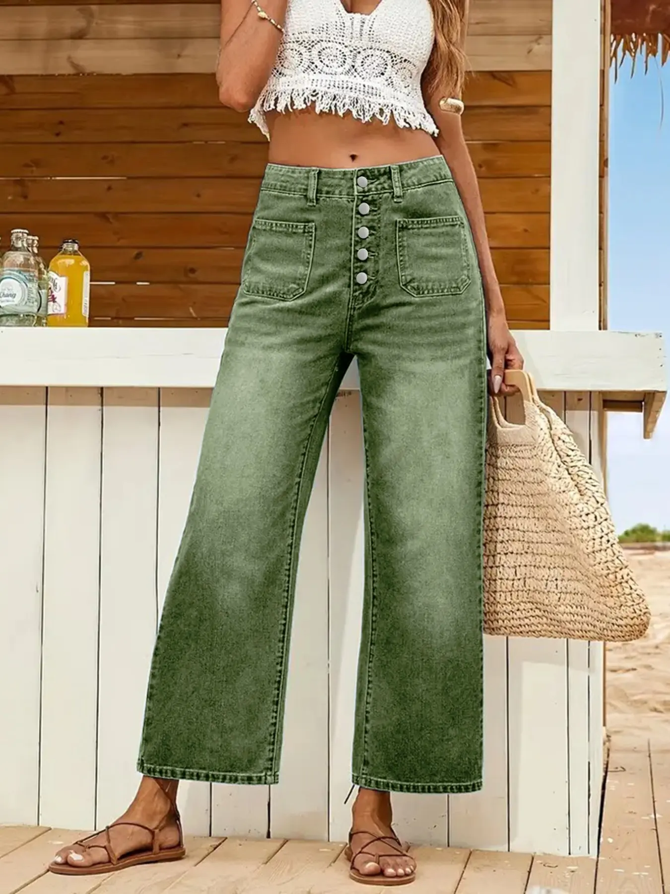 Olive Green Button Fly Wide-Leg Loose High Rise Jeans for Women, Casual Fashion High Waist Denim Pants, Vintage Washed Pockets Trousers, Fashion Pants for All Seasons, Womenswear