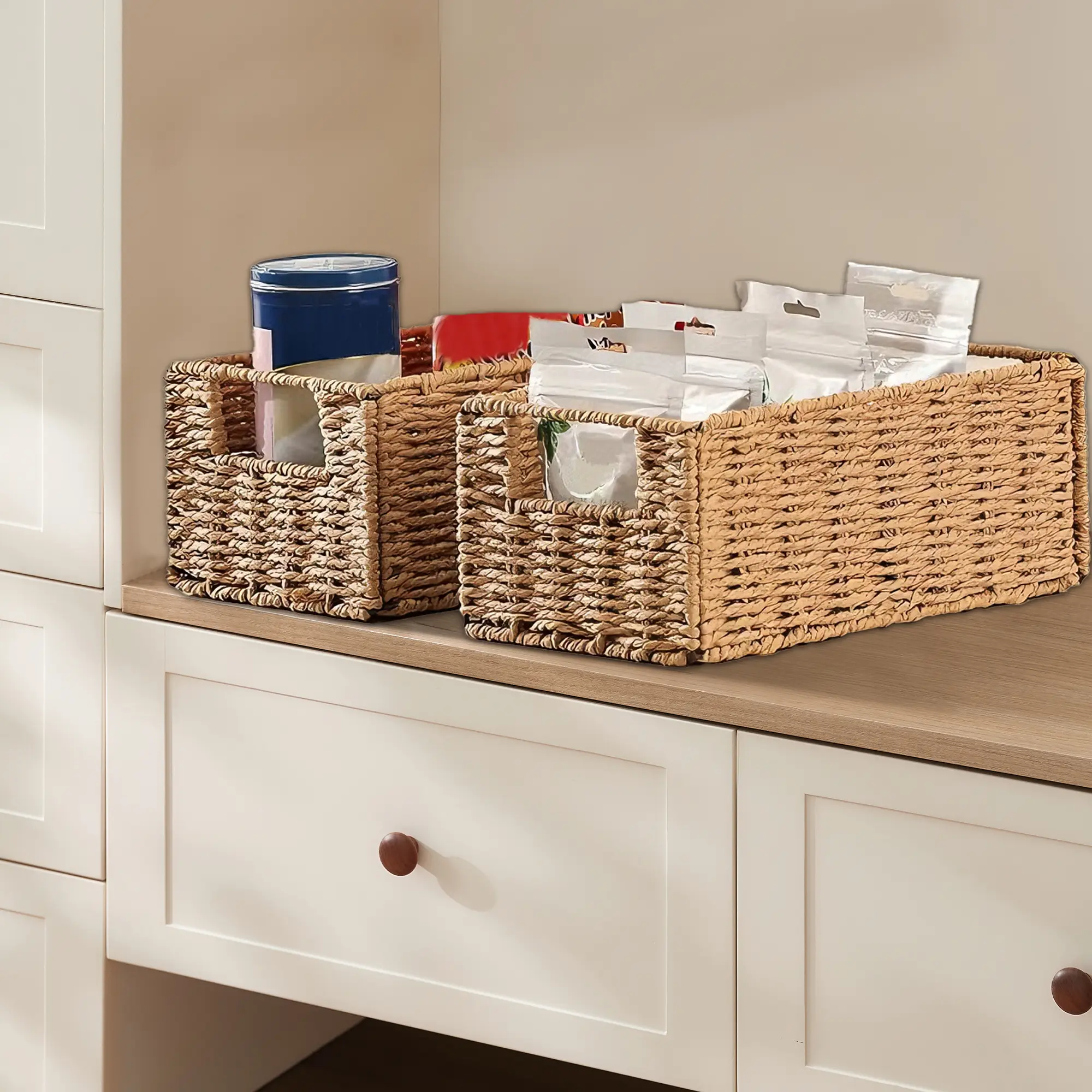 OUTGOODS 4-Pack Degradable Metal Foldable Woven Storage Baskets - 13.2x8x6.5in Rectangular Home Supplies Organizer Bins with Handles, Collapsible Paper Rope Containers for Household Shelves, Kitchen Cabinets