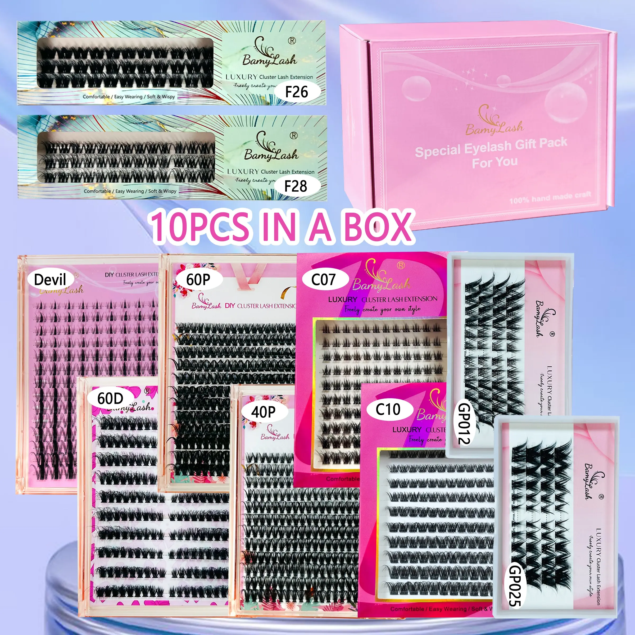 10 Styles 10 Box Big Volume Fluffy Cluster Eyelash set without Tools, Big Segmented Eyelashes Gift Box, 3D Effect Synthetic Fiber Lashes, Mixed Curl & Length, natual volume for everyday and Christmas gift, Eyelash Extension